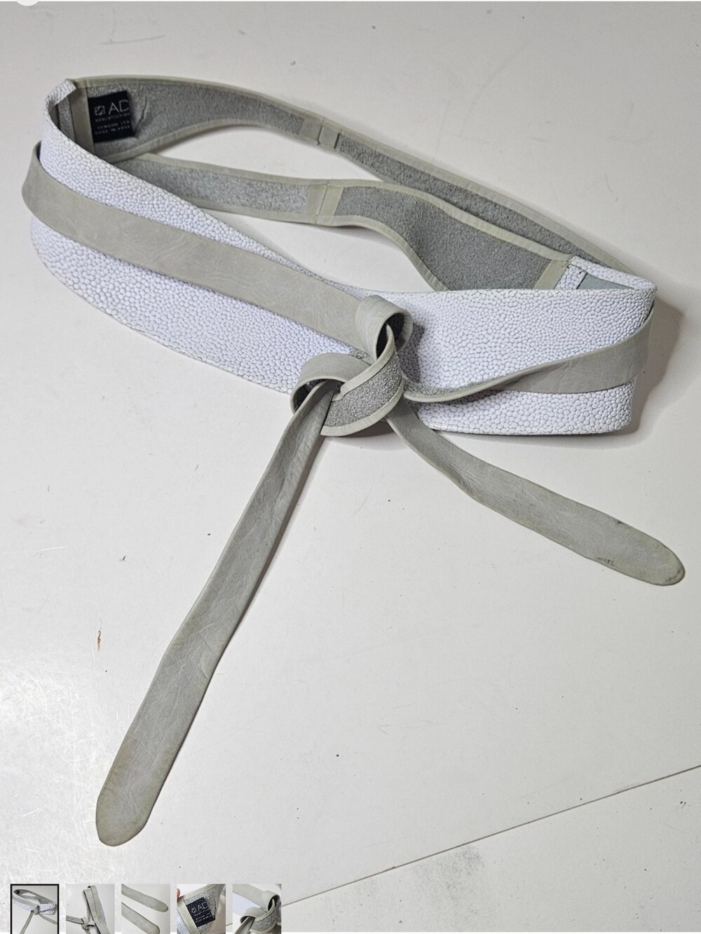 Ada Pebbled leather, White Textured Wide Knot Waist Belt with Light Gray